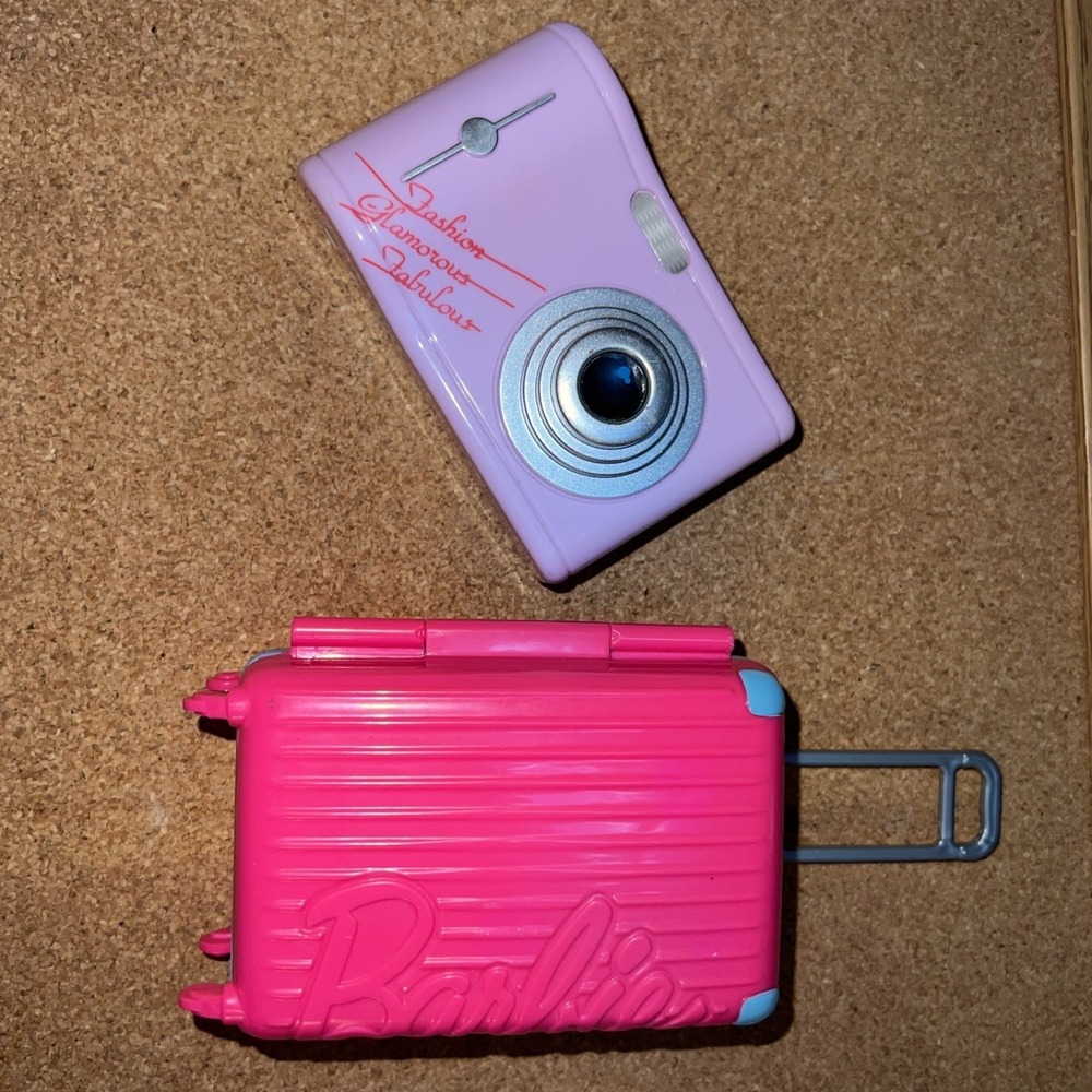 Barbie Doll Accessories Pink Rolling Suitcase and Lavender Toy Camera Set